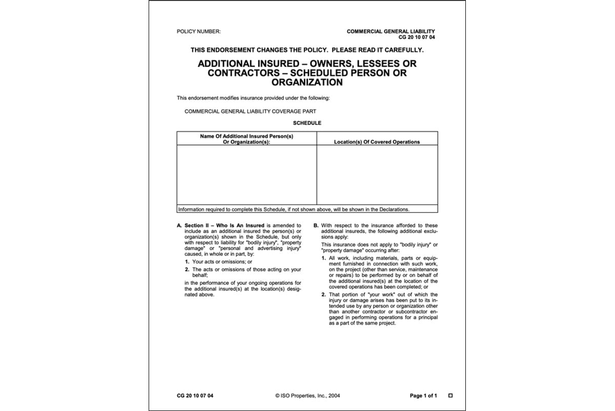 Fillable Additional Insured Form Cg 20 10 0704 Printable Forms Free Online 4259